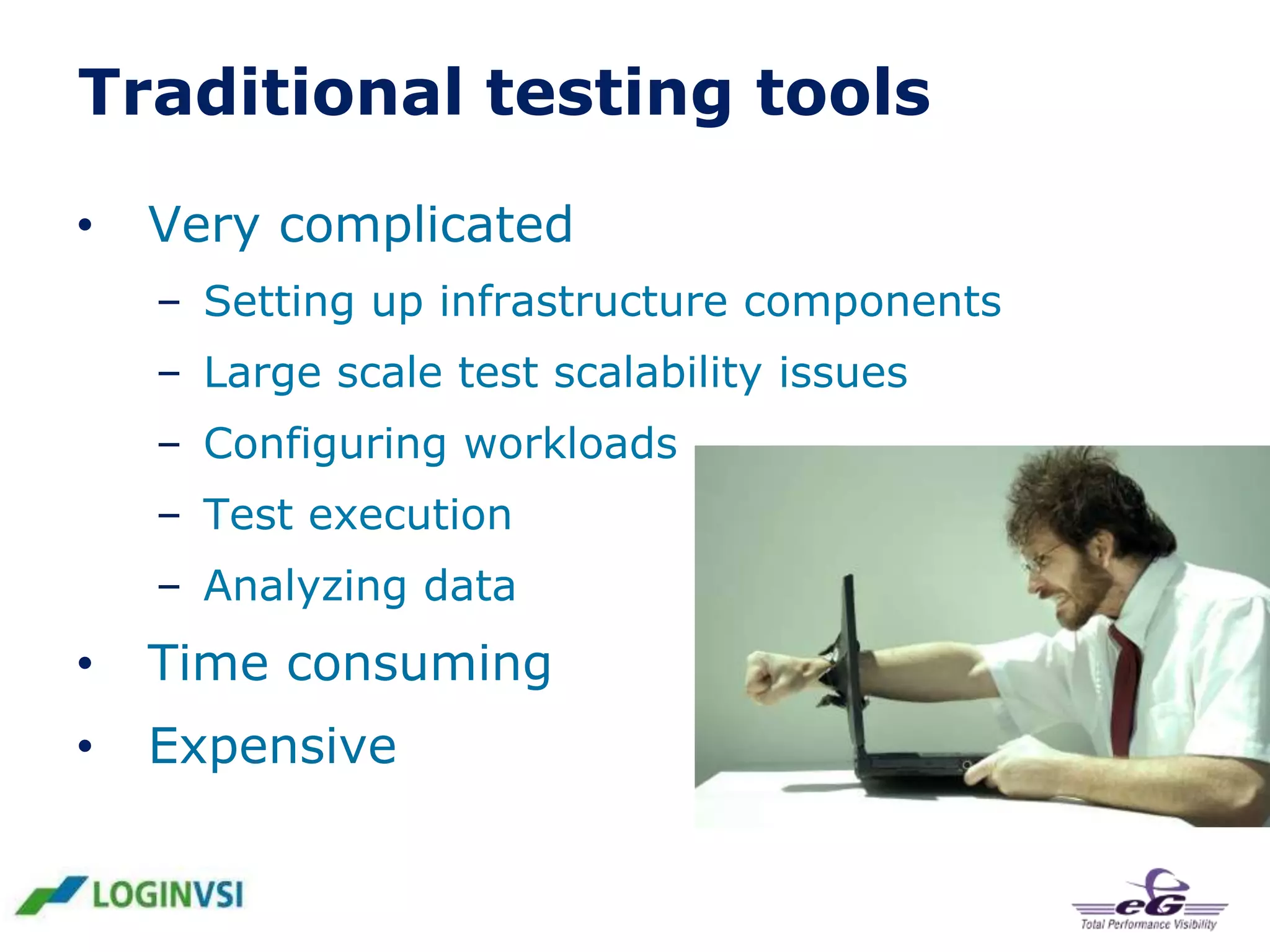 Traditional testing tools
•

Very complicated
– Setting up infrastructure components
– Large scale test scalability issues
– Configuring workloads
– Test execution
– Analyzing data

•

Time consuming

•

Expensive

 