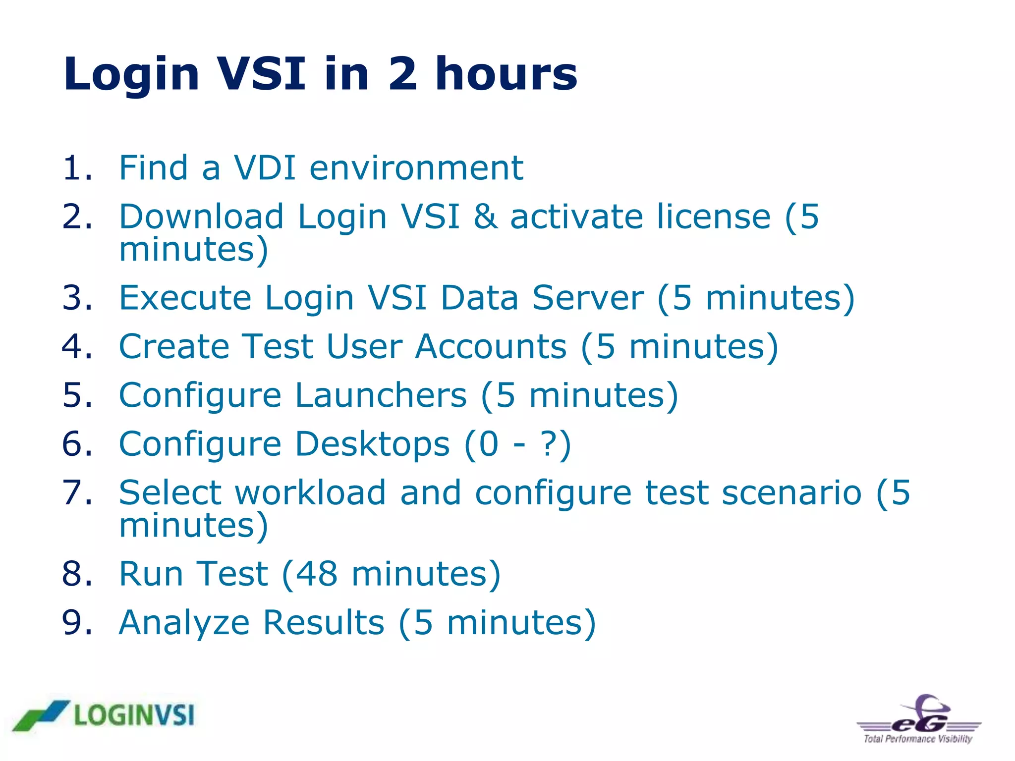 Login VSI in 2 hours
1. Find a VDI environment
2. Download Login VSI & activate license (5
minutes)
3. Execute Login VSI Data Server (5 minutes)
4. Create Test User Accounts (5 minutes)
5. Configure Launchers (5 minutes)
6. Configure Desktops (0 - ?)
7. Select workload and configure test scenario (5
minutes)
8. Run Test (48 minutes)
9. Analyze Results (5 minutes)

 