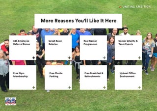 + Join UsGet a career with Ambition + Your Induction ProgrammeDelivering Exceptional Talent to Grow Your Business
£2k Employee
Referral Bonus
Great Basic
Salaries
Real Career
Progression
Social, Charity &
Team Events
Free Gym
Membership
Free Onsite
Parking
Free Breakfast &
Refreshments
Upbeat Office
Environment
More Reasons You'll Like It Here
 