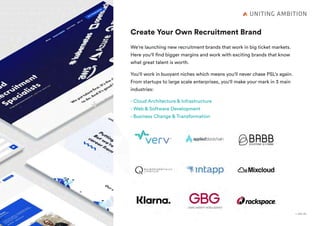 + Join UsGet a career with Ambition
A career with Ambition
Create Your Own Recruitment Brand
We're launching new recruitment brands that work in big ticket markets.
Here you'll find bigger margins and work with exciting brands that know
what great talent is worth.
You'll work in buoyant niches which means you'll never chase PSL's again.
From startups to large scale enterprises, you'll make your mark in 3 main
industries:
- Cloud Architecture & Infrastructure
- Web & Software Development
- Business Change & Transformation
 