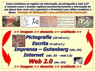 Como evoluímos no registro da informação, da pictografia à web 2.0?  A maneira como o homem registra/escreve/documenta a i...