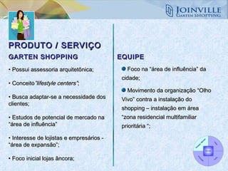 Possui assessoria arquitetônica; Conceito ”lifestyle centers” ; Busca adaptar-se a necessidade dos clientes; Estudos de potencial de mercado na “área de influência” Interesse de lojistas e empresários -  “área de expansão”; Foco inicial lojas âncora; Foco na “área de influência” da cidade; Movimento da organização “Olho Vivo” contra a instalação do shopping – instalação em área “zona residencial multifamiliar prioritária “; GARTEN SHOPPING EQUIPE PRODUTO / SERVIÇO 