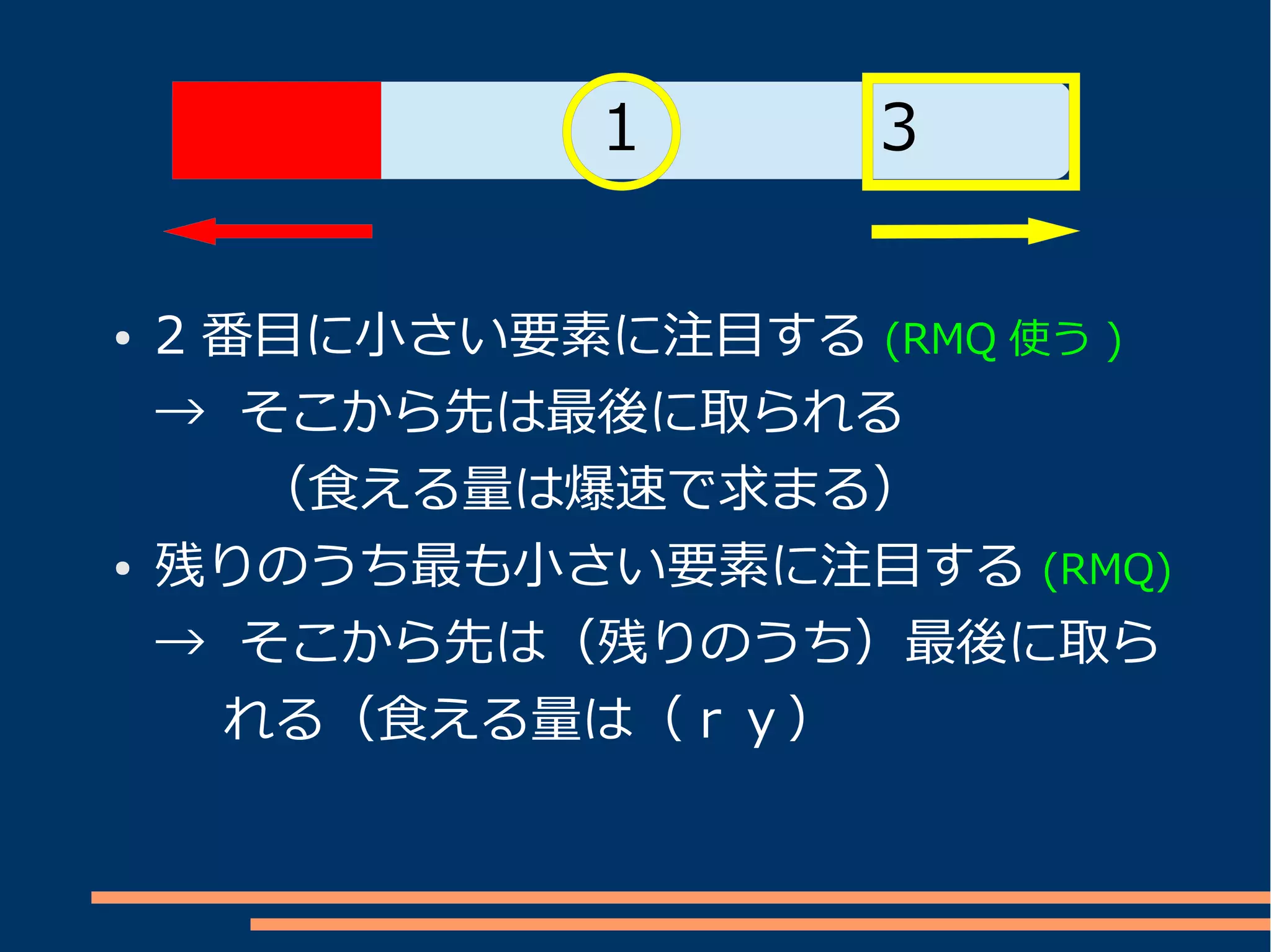 2     1      3


●   2 番目に小さい要素に注目する (RMQ 使う )
    → そこから先は最後に取られる
    　　（食える量は爆速で求まる）
●   残りのうち最も小さい要素に注目する (RMQ)
    → そこから先は（残りのうち）最後に取ら
    　 れる（食える量は（ｒｙ）
    　
 