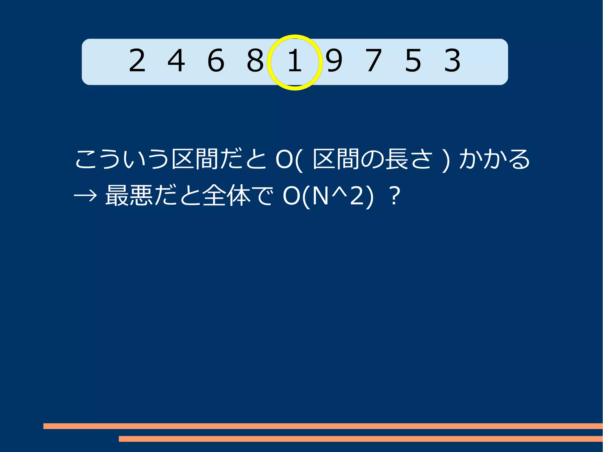 2 4 6 8 1 9 7 5 3


こういう区間だと O( 区間の長さ ) かかる
→ 最悪だと全体で O(N^2) ？
 