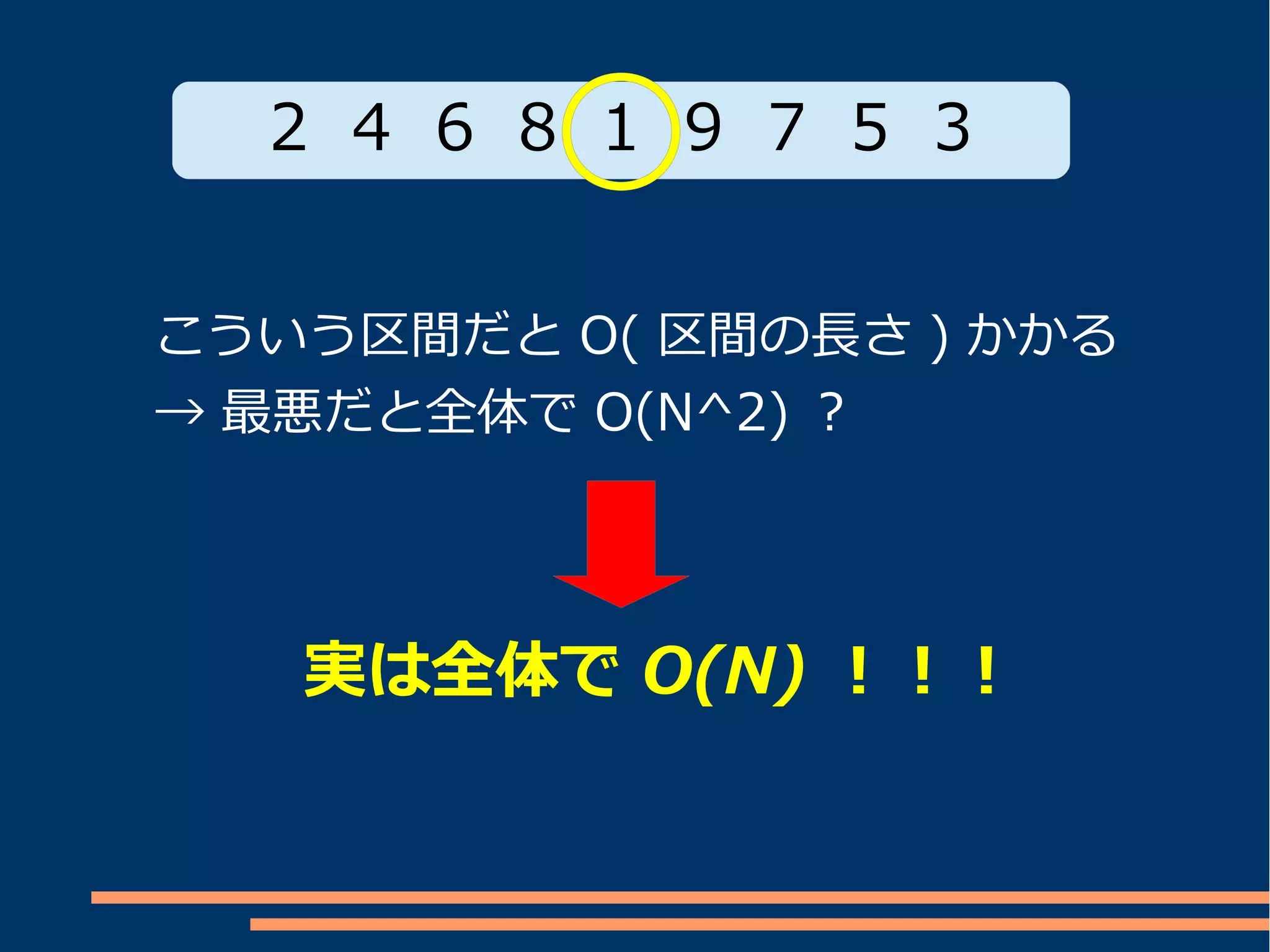 2 4 6 8 1 9 7 5 3


こういう区間だと O( 区間の長さ ) かかる
→ 最悪だと全体で O(N^2) ？


　　
　　 実は全体で O(N) ！！！
 