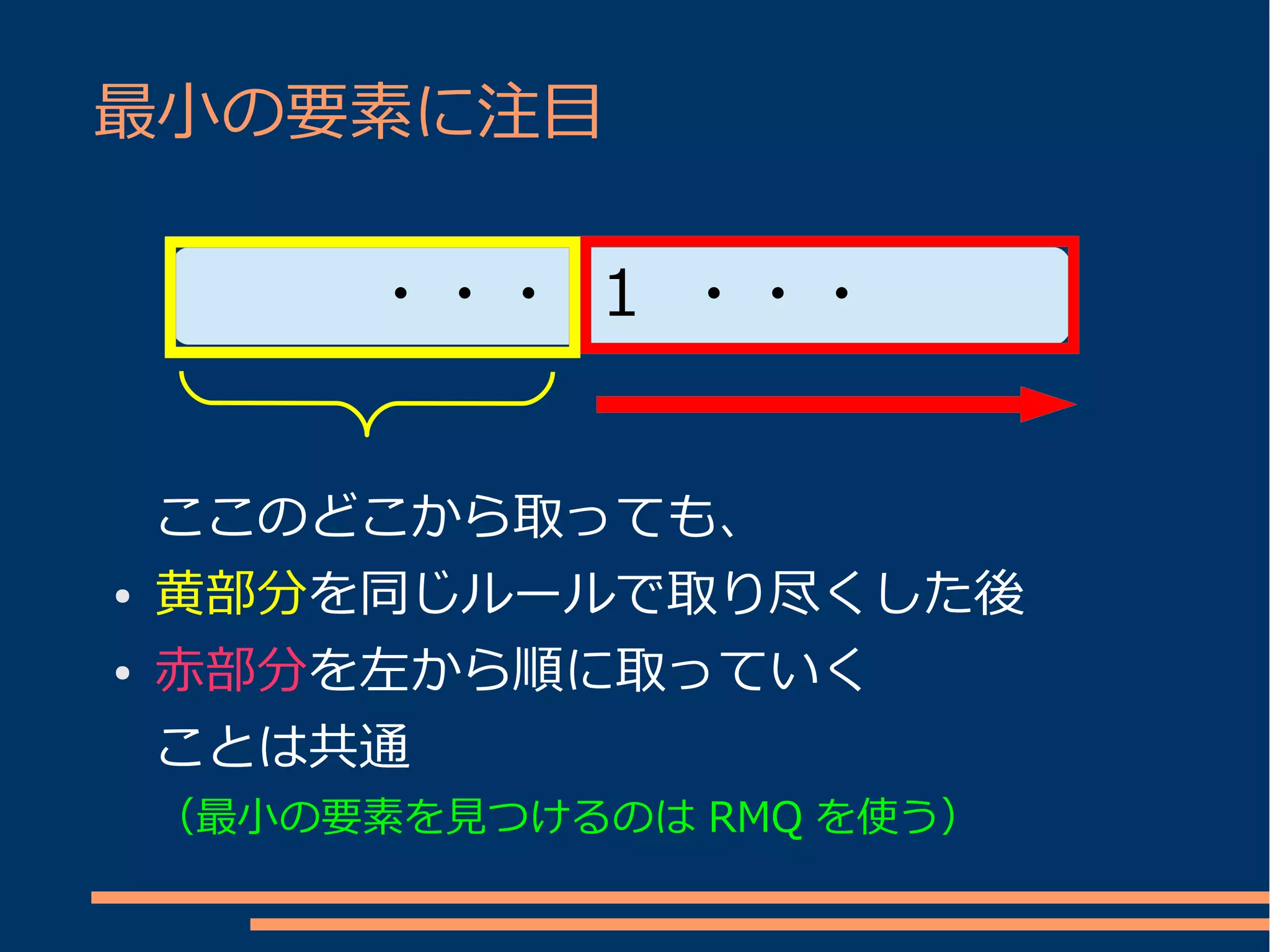 最小の要素に注目

         ・・・ 1 ・・・


    ここのどこから取っても、
●   黄部分を同じルールで取り尽くした後
●   赤部分を左から順に取っていく
    ことは共通
    （最小の要素を見つけるのは RMQ を使う）
 