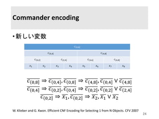Commander encoding
•新しい変数
𝑐 0,8 ⇒ 𝑐 0,4 , 𝑐 0,8 ⇒ 𝑐 4,8 , 𝑐 0,4 ∨ 𝑐 4,8
𝑐 0,4 ⇒ 𝑐 0,2 , 𝑐 0,4 ⇒ 𝑐 0,2 , 𝑐 0,2 ∨ 𝑐 2,4
𝑐 0,...