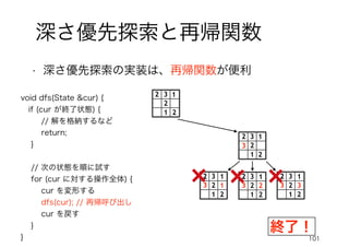 101
深さ優先探索と再帰関数
• 深さ優先探索の実装は、再帰関数が便利
2
3
2
2
1
1
3
2
3
2
2
1
1
2
3
2
2
1
1
3
2
3
2
2
1
1
3 2
3
2
2
1
1
3
1 2 3
終了！
void dfs(State &cur) {
if (cur が終了状態) {
// 解を格納するなど
return;
}
// 次の状態を順に試す
for (cur に対する操作全体) {
cur を変形する
dfs(cur); // 再帰呼び出し
cur を戻す
}
}
 