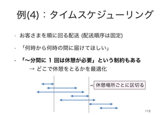 113
例(4)：タイムスケジューリング
• お客さまを順に回る配送 (配送順序は固定)
• 「何時から何時の間に届けてほしい」
• 「～分間に 1 回は休憩が必要」という制約もある
→ どこで休憩をとるかを最適化
休憩場所ごとに区切る
 