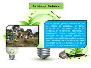 Participación Ciudadana
Es un proceso gradual mediante el cual
se integra al ciudadano en forma
individual o participando en forma
colectiva, en la toma de decisiones, la
fiscalización, control y ejecución de las
acciones en los asuntos públicos y
privados, que lo afectan desde el punto de
vista ambiental para permitirle su pleno
desarrollo como ser humano y el de la
comunidad en que se desenvuelve.
 