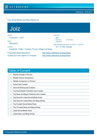 Netbreeze, 18.04.2011



   Your Social Media and News Report for




       Joiz
   created                                                            searching

       18.04.2011, 15:27                                                Joiz
                                                                         inclusions      TV, Schweiz
   owner                                                                 exclusions
       Netbreeze
                                                                      total messages from period 11.04.2011 - 18.04.2011
   channels                                                             19 = 11.76% change
       Facebook, Twitter, Youtube, Forums, Blogs and News

   Frequently Asked Questions                           http://www.netbreeze.ch/report/faqs
   Create your own report in 5 minutes                  http://www.netbreeze.ch/report/trial




Joiz

    Table of Content
              Weekly Change in Percent

              Weekly Volume Comparison

              Weekly Comparison in Percent

              History last 2 weeks

              Channel Ranking last 2 weeks

              Top Social Media Publishers last 2 weeks

              Top News and Blogs Publishers last 2 weeks

              Tag Cloud for Latest Social Media Posts

              Tag Cloud for Latest News and Blog Articles

              Top 6 Latest Social Media Posts

              Top 10 Latest News and Blog Articles

              Latest Social Media Posts

              Latest News and Blog Articles




© Copyright Netbreeze GmbH
 