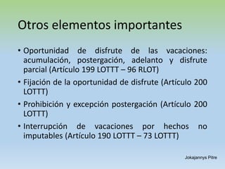 Otros elementos importantes
• Oportunidad de disfrute de las vacaciones:
acumulación, postergación, adelanto y disfrute
parcial (Artículo 199 LOTTT – 96 RLOT)
• Fijación de la oportunidad de disfrute (Artículo 200
LOTTT)
• Prohibición y excepción postergación (Artículo 200
LOTTT)
• Interrupción de vacaciones por hechos no
imputables (Artículo 190 LOTTT – 73 LOTTT)
Jokajannys Pitre
 