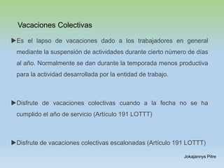 Vacaciones Colectivas
Es el lapso de vacaciones dado a los trabajadores en general
mediante la suspensión de actividades durante cierto número de días
al año. Normalmente se dan durante la temporada menos productiva
para la actividad desarrollada por la entidad de trabajo.
Disfrute de vacaciones colectivas cuando a la fecha no se ha
cumplido el año de servicio (Artículo 191 LOTTT)
Disfrute de vacaciones colectivas escalonadas (Artículo 191 LOTTT)
Jokajannys Pitre
 