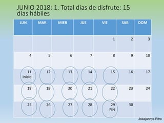 LUN MAR MIER JUE VIE SAB DOM
1 2 3
4 5 6 7 8 9 10
11
Inicio
12 13 14 15 16 17
18 19 20 21 22 23 24
25 26 27 28 29
FIN
30
JUNIO 2018: 1. Total días de disfrute: 15
días hábiles
Jokajannys Pitre
 