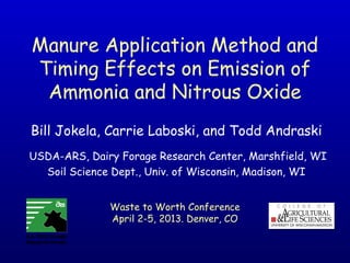 Manure Application Method and
Timing Effects on Emission of
Ammonia and Nitrous Oxide
Bill Jokela, Carrie Laboski, and Todd Andraski
  USDA-ARS, Dairy Forage Research Center, Marshfield, WI
Soil Science Dept., Univ. of Wisconsin, Madison, WI
Waste to Worth Conference
April 2-5, 2013. Denver, CO
 