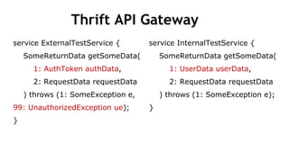 Thrift API Gateway
service InternalTestService {
SomeReturnData getSomeData(
1: UserData userData,
2: RequestData requestData
) throws (1: SomeException e);
}
service ExternalTestService {
SomeReturnData getSomeData(
1: AuthToken authData,
2: RequestData requestData
) throws (1: SomeException e,
99: UnauthorizedException ue);
}
 