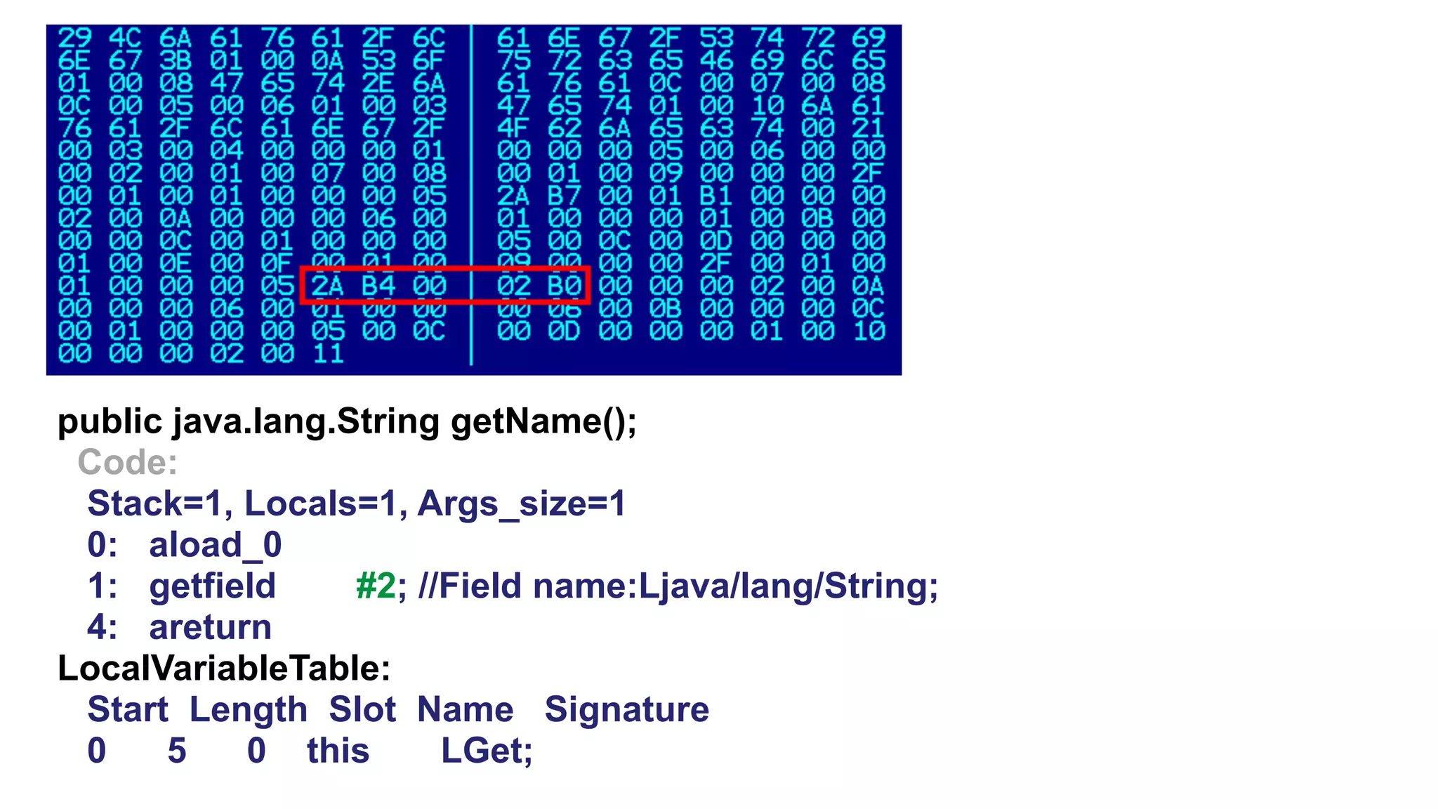 public java.lang.String getName();
Code:
Stack=1, Locals=1, Args_size=1
0: aload_0
1: getfield #2; //Field name:Ljava/lang/String;
4: areturn
LocalVariableTable:
Start Length Slot Name Signature
0 5 0 this LGet;
 