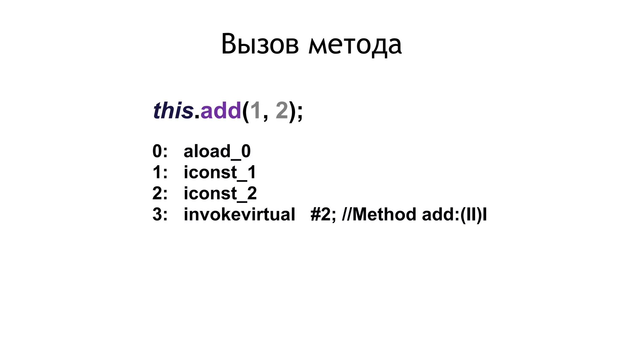 this.add(1, 2);
0: aload_0
1: iconst_1
2: iconst_2
3: invokevirtual #2; //Method add:(II)I
Вызов метода
 
