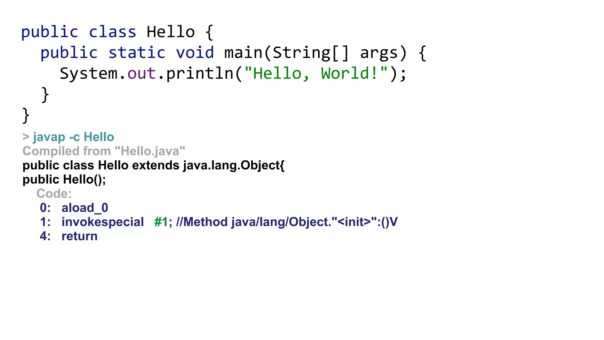 public class Hello { 
public static void main(String[] args) { 
System.out.println("Hello, World!"); 
} 
}
> javap -c Hello
Compiled from "Hello.java"
public class Hello extends java.lang.Object{
public Hello();
Code:
0: aload_0
1: invokespecial #1; //Method java/lang/Object."<init>":()V
4: return
 