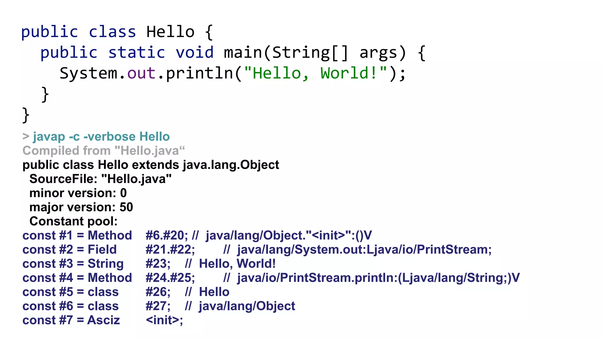 public class Hello { 
public static void main(String[] args) { 
System.out.println("Hello, World!"); 
} 
}
> javap -c -verbose Hello
Compiled from "Hello.java“
public class Hello extends java.lang.Object
SourceFile: "Hello.java"
minor version: 0
major version: 50
Constant pool:
const #1 = Method #6.#20; // java/lang/Object."<init>":()V
const #2 = Field #21.#22; // java/lang/System.out:Ljava/io/PrintStream;
const #3 = String #23; // Hello, World!
const #4 = Method #24.#25; // java/io/PrintStream.println:(Ljava/lang/String;)V
const #5 = class #26; // Hello
const #6 = class #27; // java/lang/Object
const #7 = Asciz <init>;
 