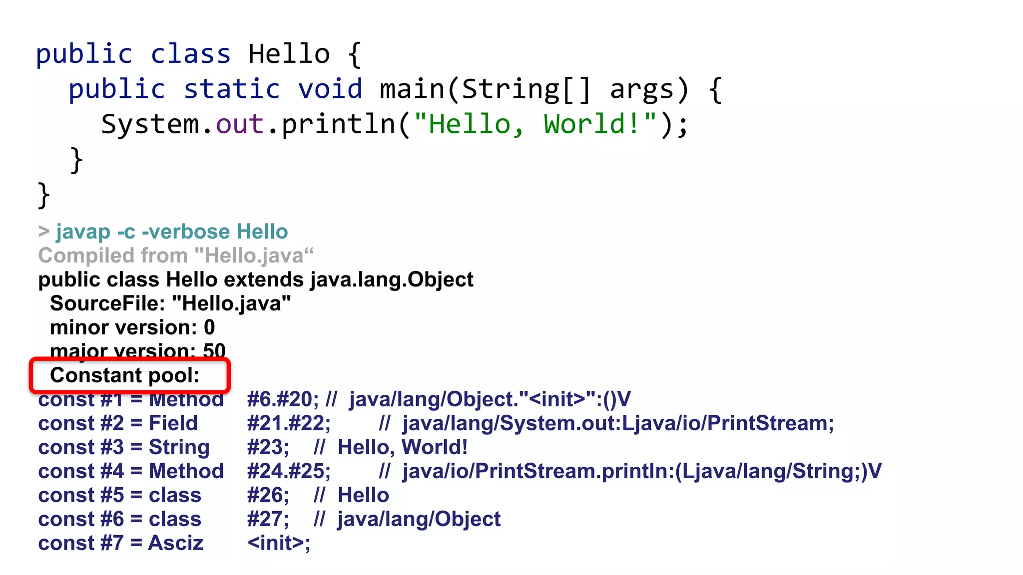 public class Hello { 
public static void main(String[] args) { 
System.out.println("Hello, World!"); 
} 
}
> javap -c -verbose Hello
Compiled from "Hello.java“
public class Hello extends java.lang.Object
SourceFile: "Hello.java"
minor version: 0
major version: 50
Constant pool:
const #1 = Method #6.#20; // java/lang/Object."<init>":()V
const #2 = Field #21.#22; // java/lang/System.out:Ljava/io/PrintStream;
const #3 = String #23; // Hello, World!
const #4 = Method #24.#25; // java/io/PrintStream.println:(Ljava/lang/String;)V
const #5 = class #26; // Hello
const #6 = class #27; // java/lang/Object
const #7 = Asciz <init>;
 