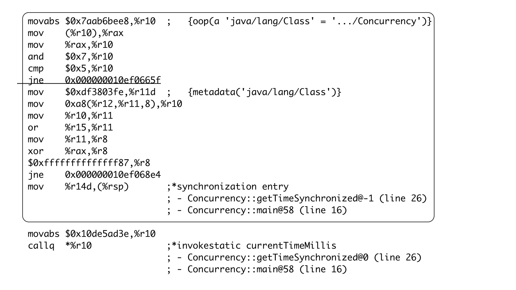 movabs $0x7aab6bee8,%r10 ; {oop(a 'java/lang/Class' = '.../Concurrency')}
mov (%r10),%rax
mov %rax,%r10
and $0x7,%r10
cmp $0x5,%r10
jne 0x000000010ef0665f
mov $0xdf3803fe,%r11d ; {metadata('java/lang/Class')}
mov 0xa8(%r12,%r11,8),%r10
mov %r10,%r11
or %r15,%r11
mov %r11,%r8
xor %rax,%r8
$0xffffffffffffff87,%r8
jne 0x000000010ef068e4
mov %r14d,(%rsp) ;*synchronization entry
; - Concurrency::getTimeSynchronized@-1 (line 26)
; - Concurrency::main@58 (line 16)
movabs $0x10de5ad3e,%r10
callq *%r10 ;*invokestatic currentTimeMillis
; - Concurrency::getTimeSynchronized@0 (line 26)
; - Concurrency::main@58 (line 16)
 