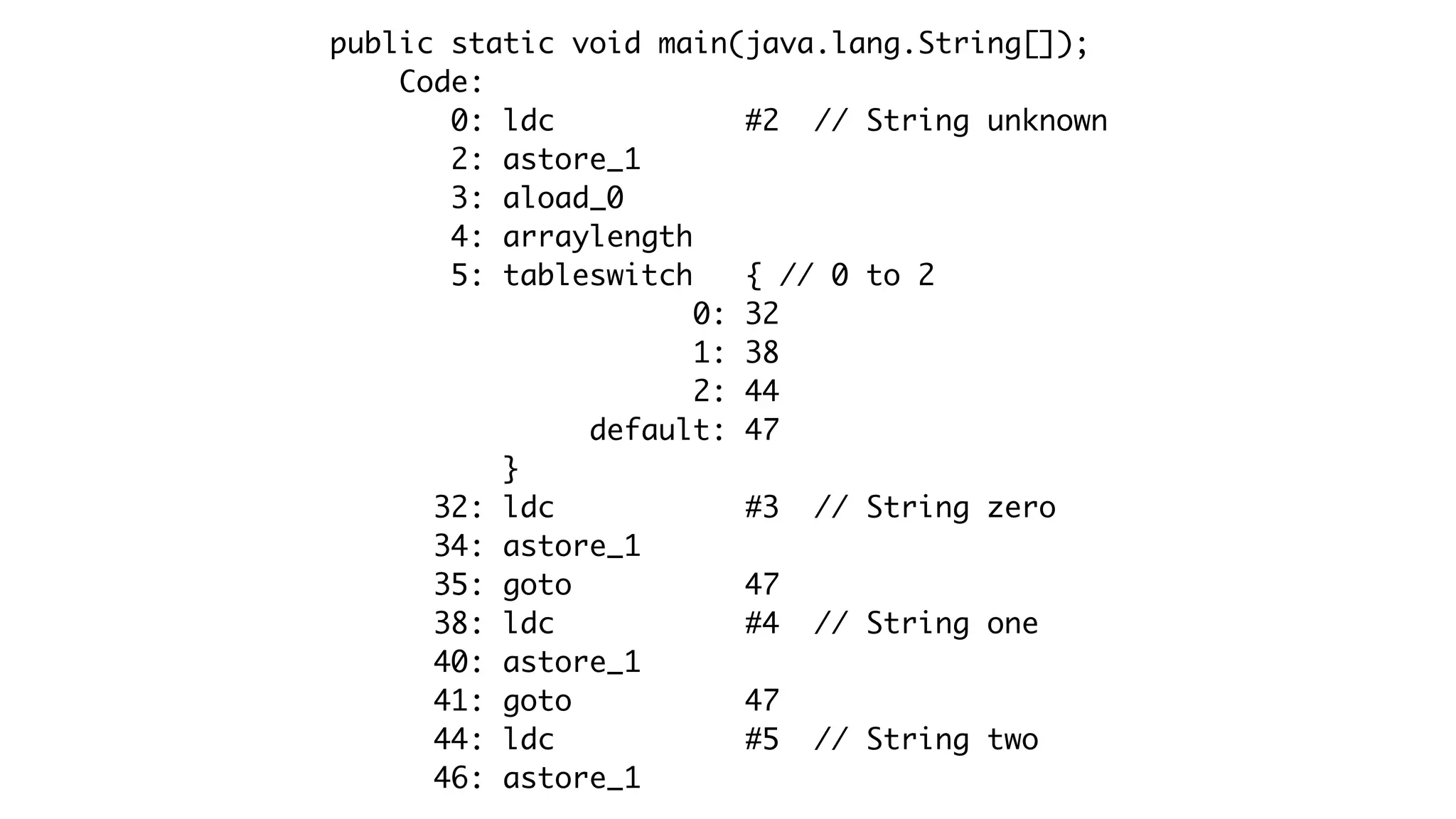 public static void main(java.lang.String[]);
Code:
0: ldc #2 // String unknown
2: astore_1
3: aload_0
4: arraylength
5: tableswitch { // 0 to 2
0: 32
1: 38
2: 44
default: 47
}
32: ldc #3 // String zero
34: astore_1
35: goto 47
38: ldc #4 // String one
40: astore_1
41: goto 47
44: ldc #5 // String two
46: astore_1
 