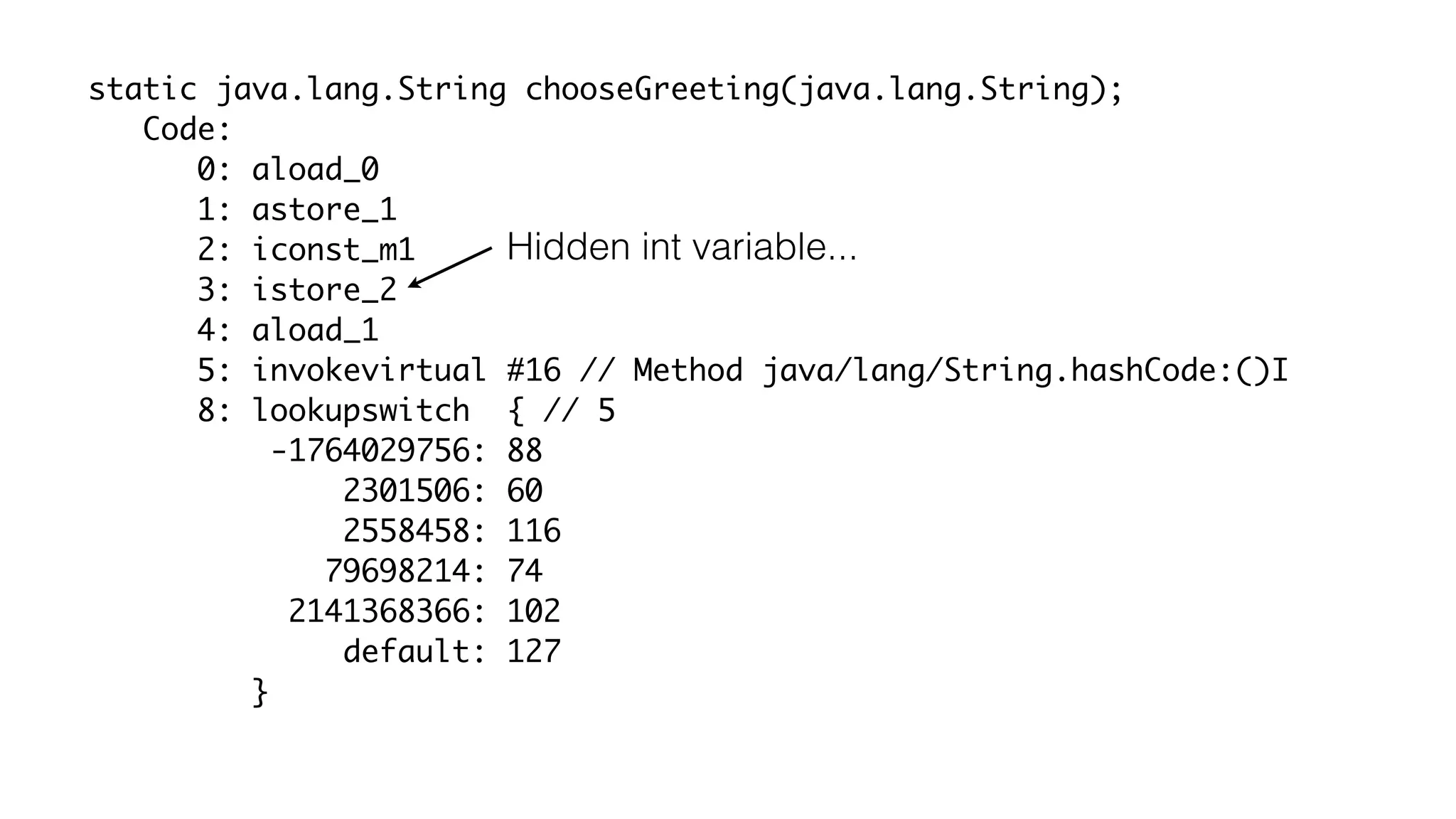 static java.lang.String chooseGreeting(java.lang.String);
Code:
0: aload_0
1: astore_1
2: iconst_m1
3: istore_2
4: aload_1
5: invokevirtual #16 // Method java/lang/String.hashCode:()I
8: lookupswitch { // 5
-1764029756: 88
2301506: 60
2558458: 116
79698214: 74
2141368366: 102
default: 127
}
Hidden int variable...
 