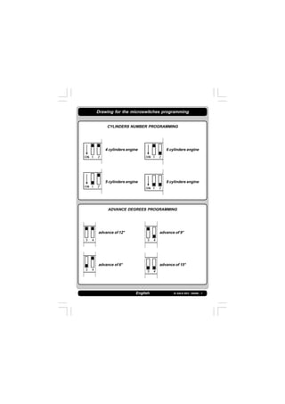 IS 549-N REV. 180598 - 1English
Drawing for the microswitches programming
CYLINDERS NUMBER PROGRAMMING
4 cylinders engine 6 cylinders engine
5 cylinders engine 8 cylinders engine
ADVANCE DEGREES PROGRAMMING
advance of 12° advance of 9°
advance of 6° advance of 15°
 