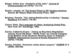 Berger, Arthur Asa. “Anatomy of the Joke.”  Journal of Communication  26 (1976): 113-115. Boskin, Joseph, ed.  The Humor Prism in 20 th  Century America . Detroit, MI: Wayne State University Press, 1997. Bradney, Pamela. “The Joking Relationship in Industry.”  Human Relations  9.2 (1957): 179-187. Chiaro, Delia.  The Language of Jokes: Analysing Verbal Play . New York, NY: Routledge, 1992. Davies, Catherine Evans. “Joking as Boundary Negotiation among ‘Good Old Boys’: ‘White Trash’ as a Social Category at the Bottom of the Southern Working Class in Alabama.”  HUMOR: Internaitonal Journal of Humor Research  23.2 (2010): 179-200. Davies, Christie. “American Jokes about Lawyers.”  HUMOR  21.4 (2008): 369-386. 