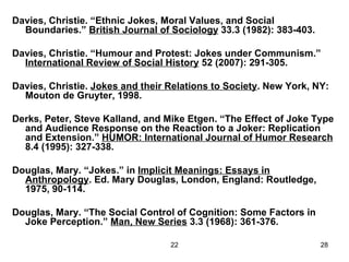 Davies, Christie. “Ethnic Jokes, Moral Values, and Social Boundaries.”  British Journal of Sociology  33.3 (1982): 383-403. Davies, Christie. “Humour and Protest: Jokes under Communism.”  International Review of Social History  52 (2007): 291-305. Davies, Christie.  Jokes and their Relations to Society . New York, NY: Mouton de Gruyter, 1998. Derks, Peter, Steve Kalland, and Mike Etgen. “The Effect of Joke Type and Audience Response on the Reaction to a Joker: Replication and Extension.”  HUMOR: International Journal of Humor Research  8.4 (1995): 327-338. Douglas, Mary. “Jokes.” in  Implicit Meanings: Essays in Anthropology . Ed. Mary Douglas, London, England: Routledge, 1975, 90-114. Douglas, Mary. “The Social Control of Cognition: Some Factors in Joke Perception.”  Man, New Series  3.3 (1968): 361-376. 