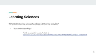 Learning Sciences
"What do the learning sciences have to do with learning analytics?"
- "Just about everything!"
Paul Kirschner, LAK'16 keynote. Available at
https://www.youtube.com/watch?v=8OjmnOiMIKI&index=2&list=PLOF7tBP24lAf2uyB6SEZ3_foM51rULkSR
11
 
