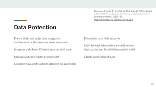 Data Protection
Ensure that data collection, usage, and
involvement of third parties are transparent
Integrate data from different sources with care
Manage and care for data responsibly
Consider how, and to whom, data will be accessible
25
Ensure data are held securely
Limit time for which data are held before
destruction and for which consent is valid
Clarify ownership of data
Ferguson, R., Hoel, T., Scheffel, M., Drachsler, H. (2016). Guest
editorial: Ethics and privacy in learning analytics. Journal of
Learning Analytics, 3 (1), 5–15.
http://dx.doi.org/10.18608/jla.2016.31.2
 