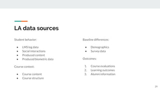 LA data sources
29
Student behavior:
● LMS log data
● Social interactions
● Produced content
● Produced biometric data
Course context:
● Course content
● Course structure
Baseline differences:
● Demographics
● Survey data
Outcomes:
1. Course evaluations
2. Learning outcomes
3. Alumni information
 