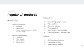 Popular LA methods
33
Model building:
1. Supervised methods:
a. Regression
b. Classification
c. Multivariate analysis & latent variable
modelling (SEM)
2. Unsupervised methods:
a. Clustering
b. Factor analysis
c. Topic modeling
d. Process mining
Data analysis:
1. Natural language processing
2. Video analysis
3. Discourse analysis
4. Writing analysis
5. Social network analysis (SNA)
6. Epistemic Network analysis (ENA)
Data use:
1. Dashboard development
2. Feedback provision
3. Understanding learning
 