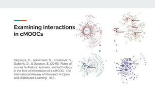 Examining interactions
in cMOOCs
41
Skrypnyk, O., Joksimović, S., Kovanović, V.,
Gašević, D., & Dawson, S. (2015). Roles of
course facilitators, learners, and technology
in the flow of information of a cMOOC. The
International Review of Research in Open
and Distributed Learning, 16(3).
 