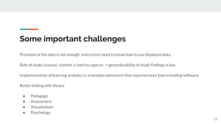 Some important challenges
51
Provision of the data is not enough. Instructors need to know how to use displayed data.
Role of study (course) context is hard to capture -> generalizability of study findings is low
Implementation of learning analytics is a complex adventure that requires more than installing software
Better linking with theory
● Pedagogy
● Assessment
● Visualisation
● Psychology
 