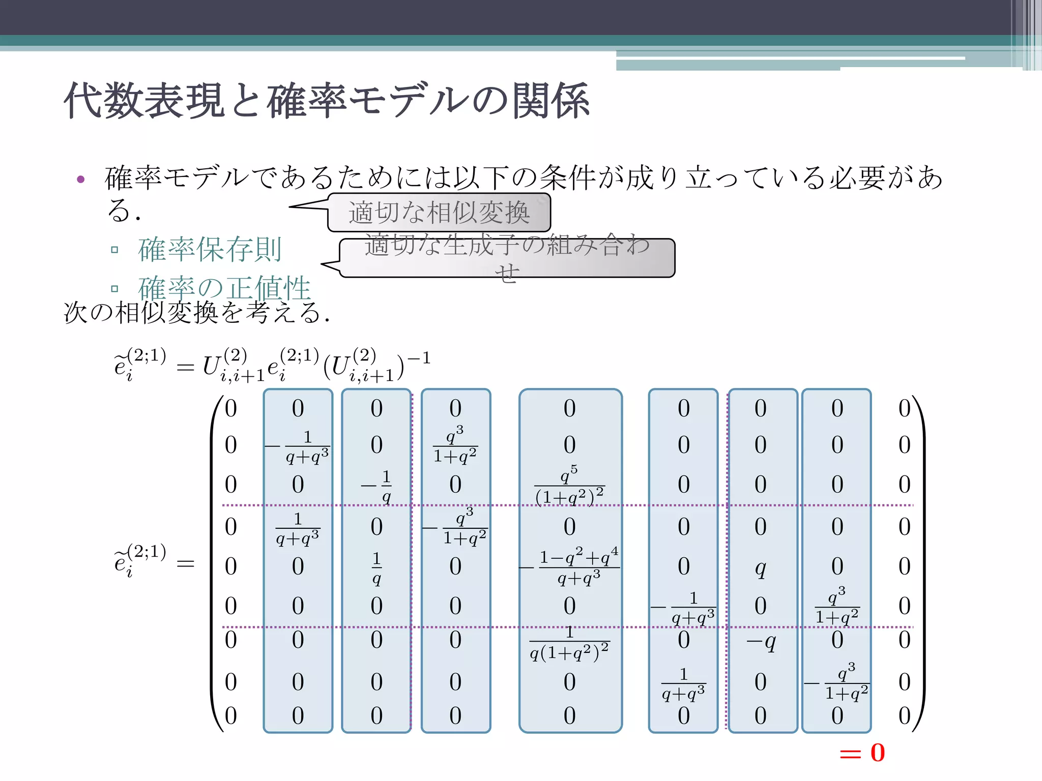 代数表現と確率モデルの関係
• 確率モデルであるためには以下の条件が成り立っている必要があ
る．
適切な相似変換
適切な生成子の組み合わ
▫ 確率保存則
せ
▫ 確率の正値性

次の相似変換を考える．

 