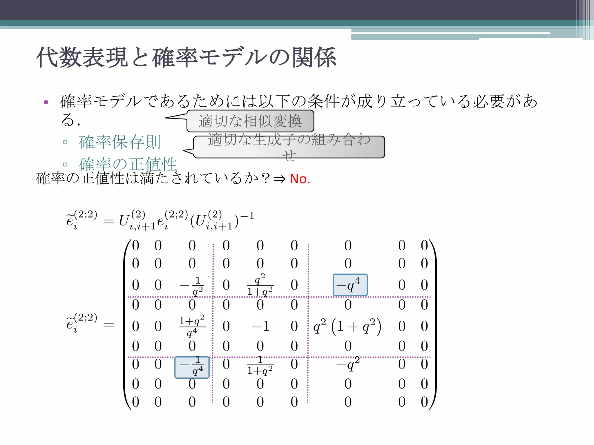 代数表現と確率モデルの関係
• 確率モデルであるためには以下の条件が成り立っている必要があ
る．
適切な相似変換
適切な生成子の組み合わ
▫ 確率保存則
せ
▫ 確率の正値性

確率の正値性は満たされているか？⇒ No.

 
