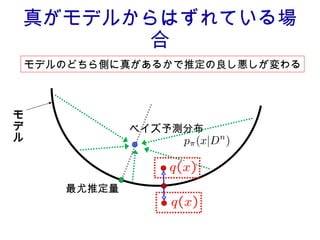 真がモデルからはずれている場合 モデル ベイズ予測分布 最尤推定量 モデルのどちら側に真があるかで推定の良し悪しが変わる 