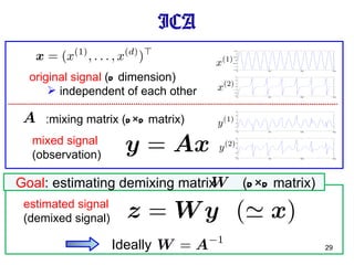 ICA mixed signal (observation) original signal  ( d   dimension) independent of each other estimated signal (demixed signal) :mixing matrix ( d × d  matrix) Goal : estimating demixing matrix  ( d × d  matrix) Ideally 