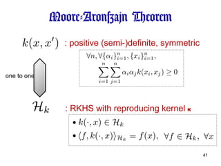 Moore-Aronszajn Theorem : positive (semi-)definite, symmetric : RKHS with reproducing kernel  k one to one 