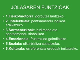 JOLASAREN FUNTZIOAK 1.Fisiko/motorra : gorputza lantzeko. 2. Intelektuala : pentsamendu logikoa eraikitzeko.   3.Sormenezkoak : irudimena eta pentsamendu sinbolikoa.  4.Emozionala:  frustrazioa gainditzeko.  5.Soziala:  elkarbizitza sustatzeko. 6.Kulturala:  erreferentzia ereduak imitatzeko. 