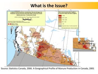 What is the Issue?
Source: Statistics Canada, 2006. A Geographical Profile of Manure Production in Canada, 2001
 