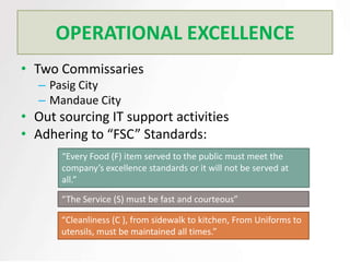 OPERATIONAL EXCELLENCE
• Two Commissaries
   – Pasig City
   – Mandaue City
• Out sourcing IT support activities
• Adhering to “FSC” Standards:
       “Every Food (F) item served to the public must meet the
       company’s excellence standards or it will not be served at
       all.”

       “The Service (S) must be fast and courteous”

       “Cleanliness (C ), from sidewalk to kitchen, From Uniforms to
       utensils, must be maintained all times.”
 