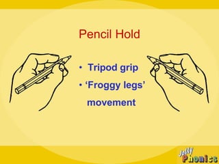 Pencil Hold
• Tripod grip
• ‘Froggy legs’
movement
 