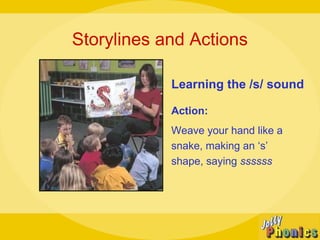 Storylines and Actions
Learning the /s/ sound
Action:
Weave your hand like a
snake, making an ‘s’
shape, saying ssssss
 