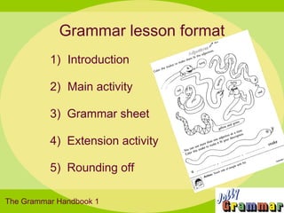 Grammar lesson format
          1) Introduction

          2) Main activity

          3) Grammar sheet

          4) Extension activity

          5) Rounding off

The Grammar Handbook 1
 