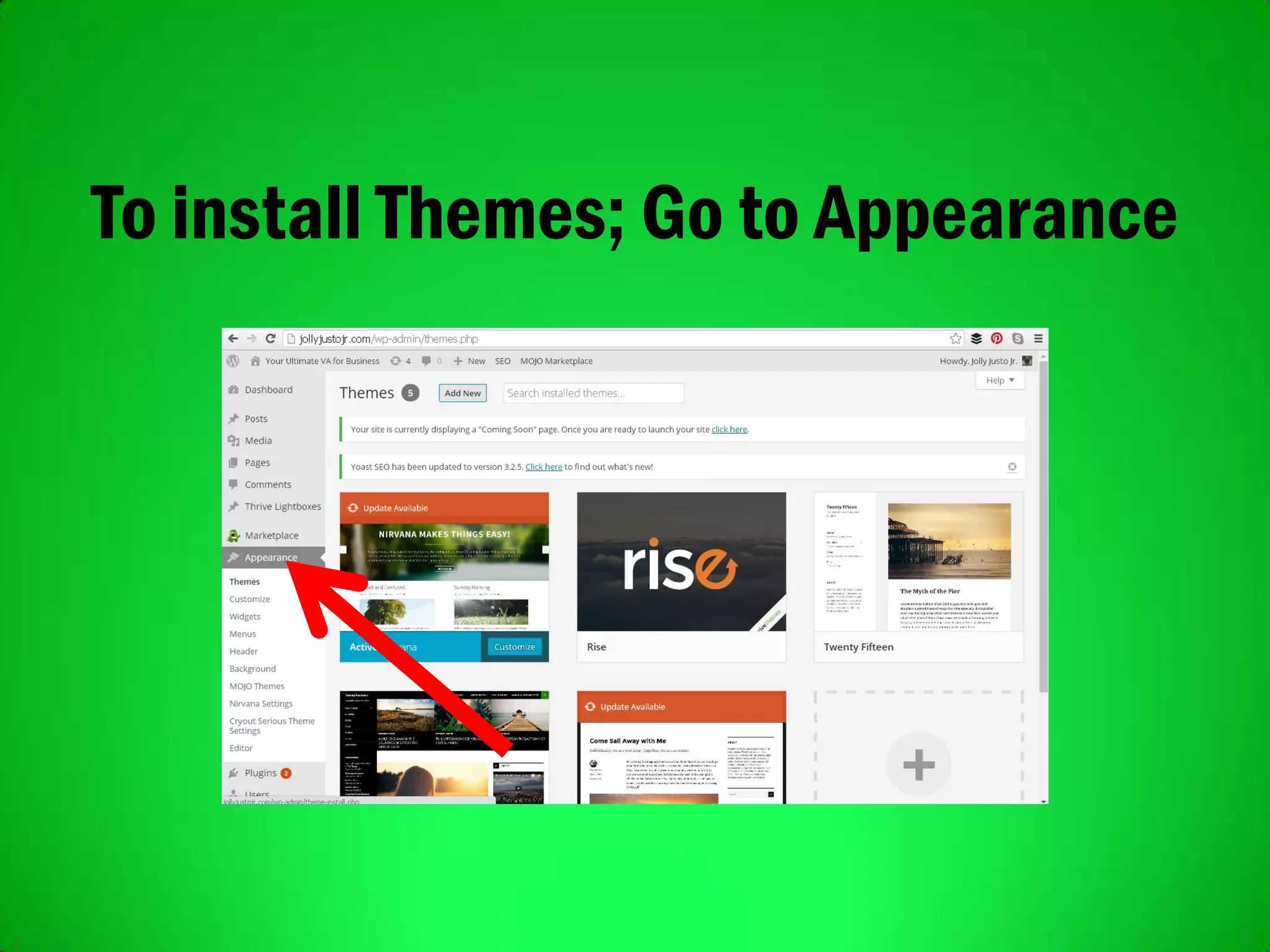 To install Themes; Go to Appearance
 