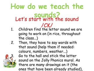 How do we teach the
sounds?
Let’s start with the sound
/CK/
1. Children find the letter sound we are
going to work on (in rice, throughout
the class...)
2. Then, they have to say words with
that sound (help them if needed:
colours, numbers, weather...)
3. Go to the hall and stick the letter
sound on the Jolly Phonics mural. As
there are many drawings on it (the
ones that have been already studied),
 